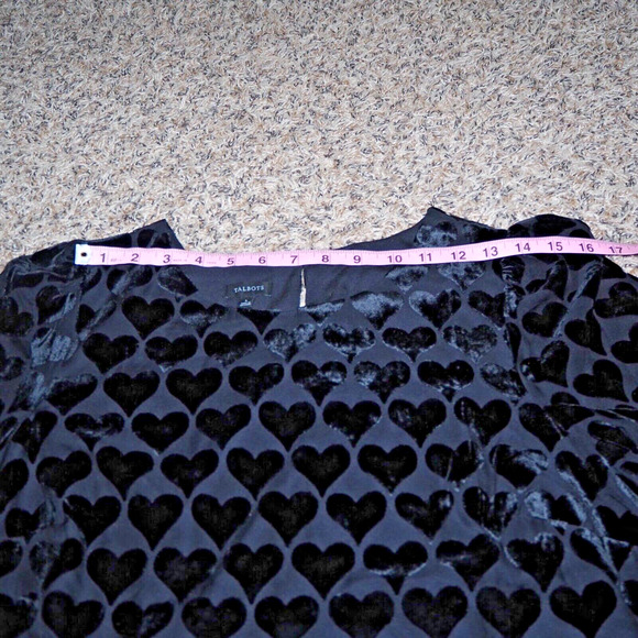 TALBOTS Black Velvet Burnout Hearts Blouson Top Size L Sheer Overlay Blouse - Picture 10 of 12
